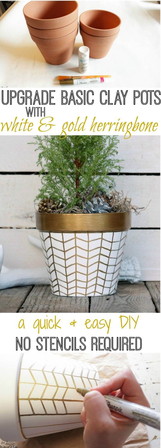 DIY gold and white herringbone flower pots 