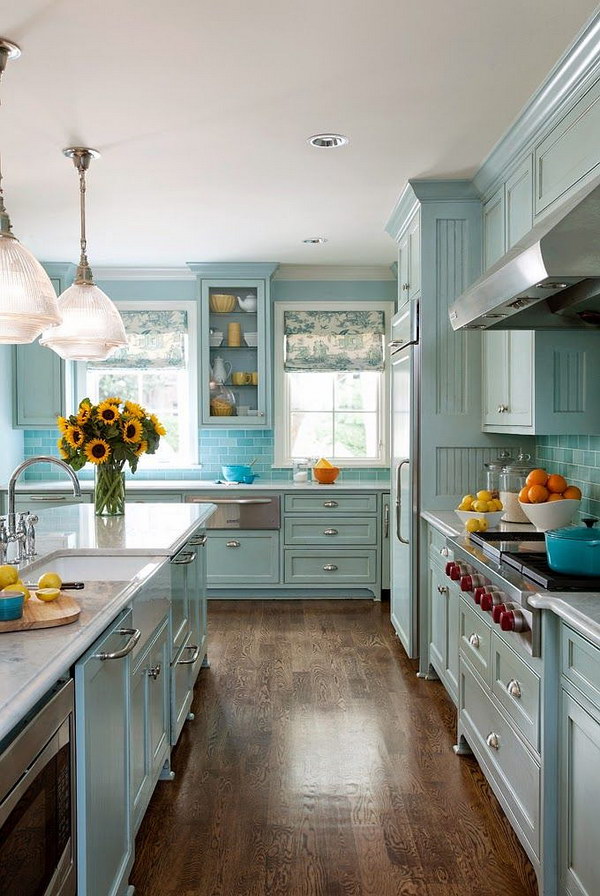 Blue kitchen cabinet.