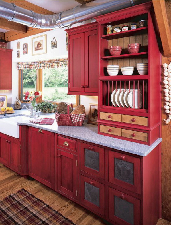 Red kitchen cupboard.