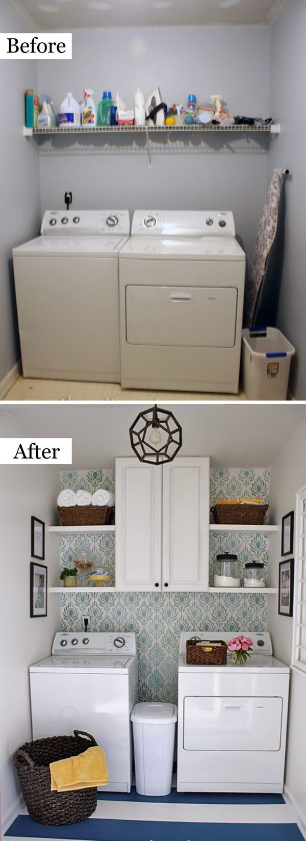 Laundry room makeover with stencil. 
