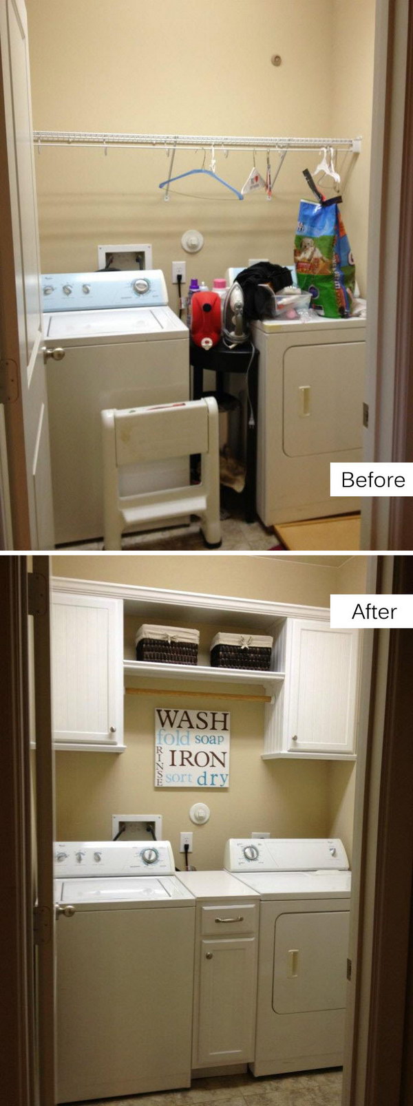 Budget-friendly redesign of the laundry room with more storage space. 
