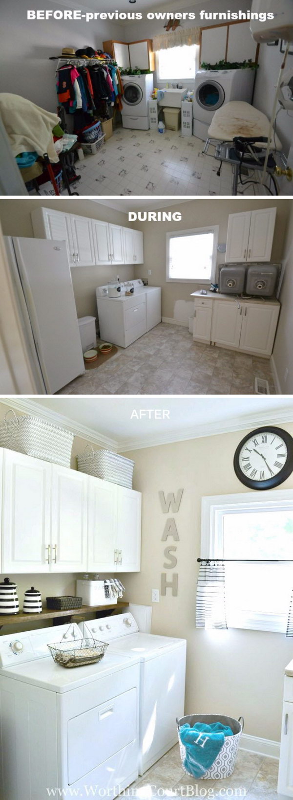 Reveal laundry room with farmhouse and rustic touches: From chaotic to neat and organized. 