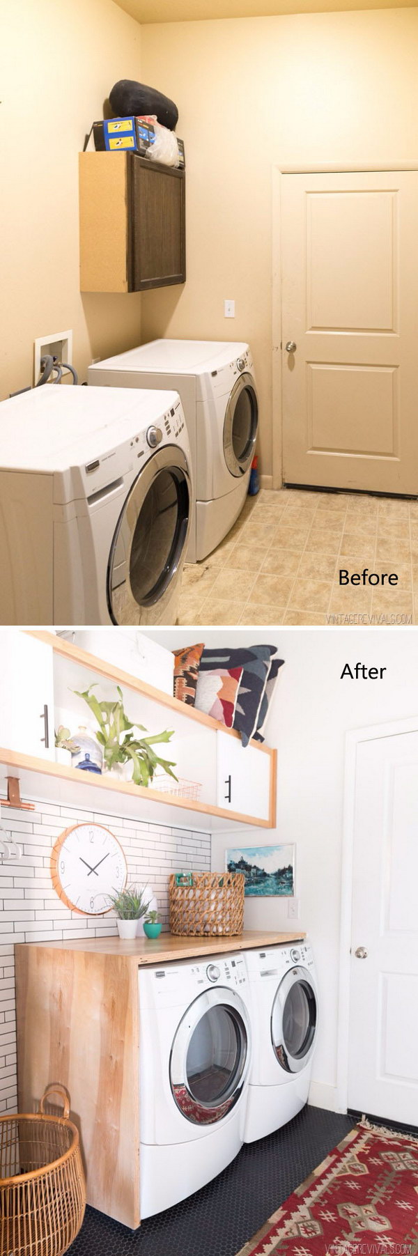 Budget Laundry Room Makeover Reveal with white subway tiles, black penny tile floors, and closet. 