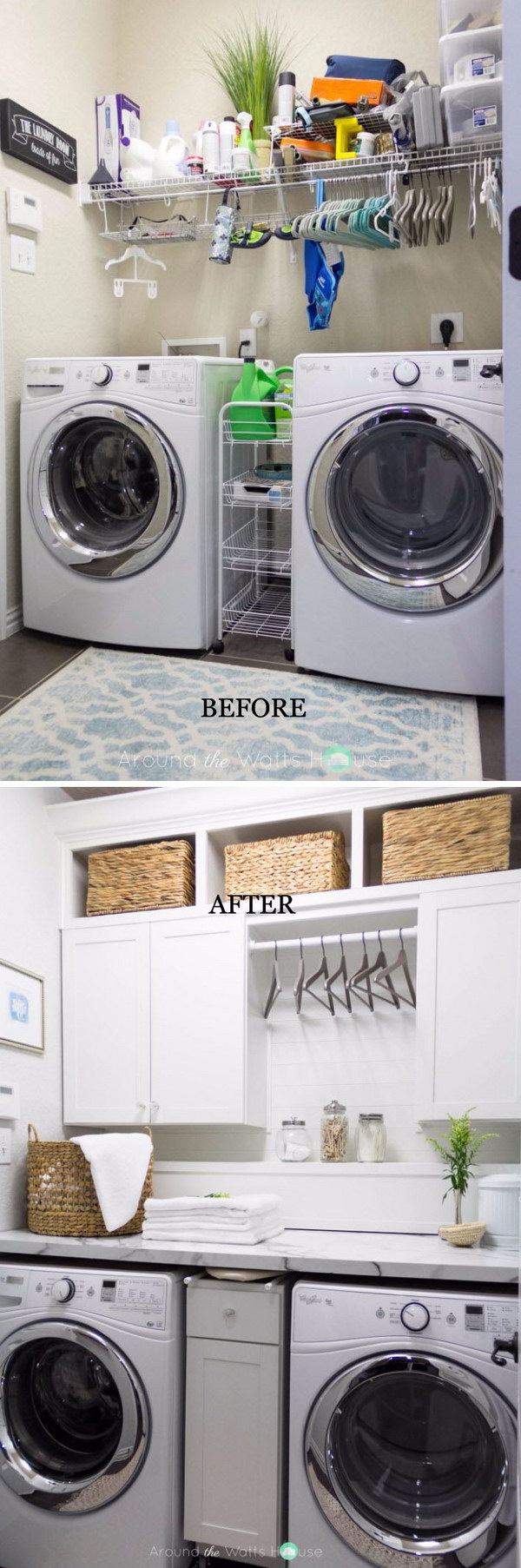 Uncover laundry room with hangers between top cabinets. 