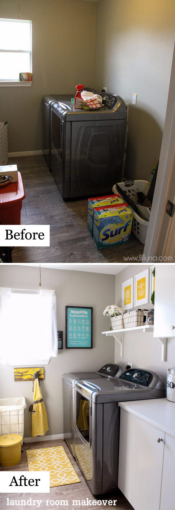 Laundry room with a lighter wall color, cheerful yellow reflections and a handy wall shelf. 