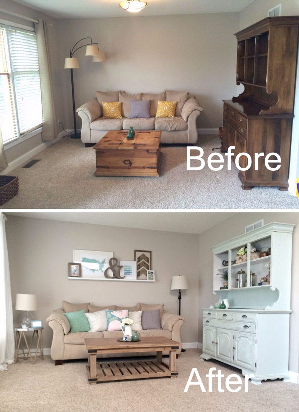 Living room renovation with weathered wood and molding gallery wall. 