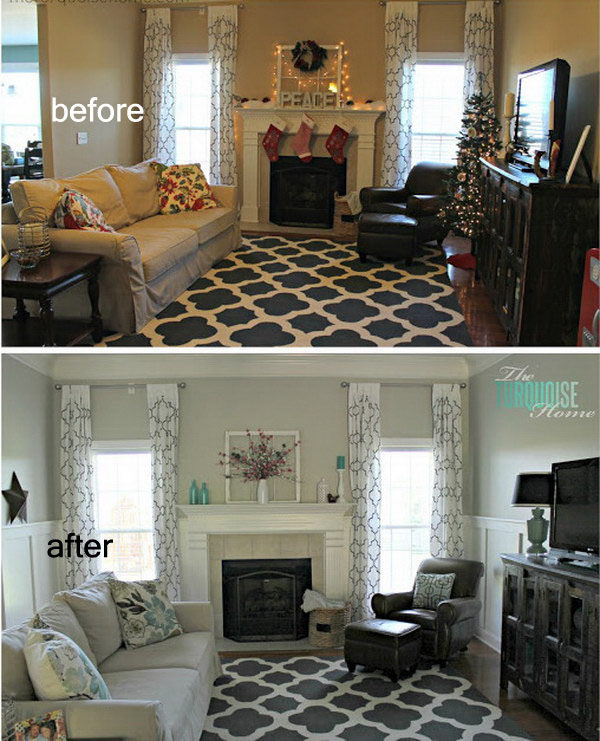 Living room makeover with board and latte wainscoting. 