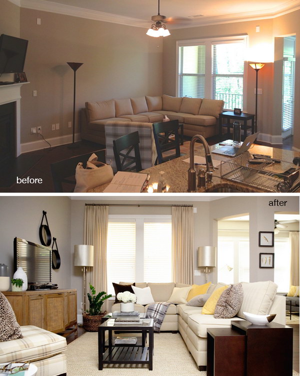 Before and after: Vining's living room. 