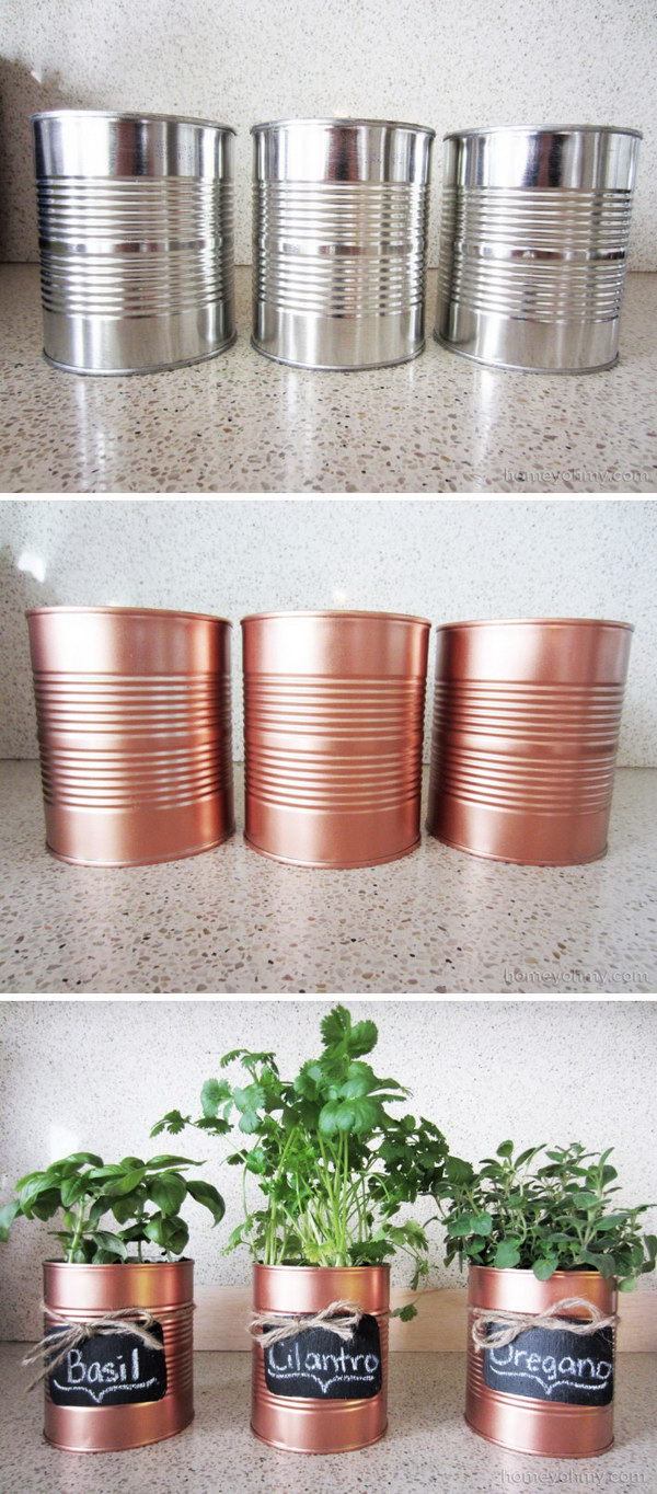 DIY copper tin planters and blackboard tags. 