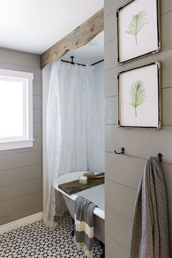 Rustic wood valance and tub caddy for bathrooms. 