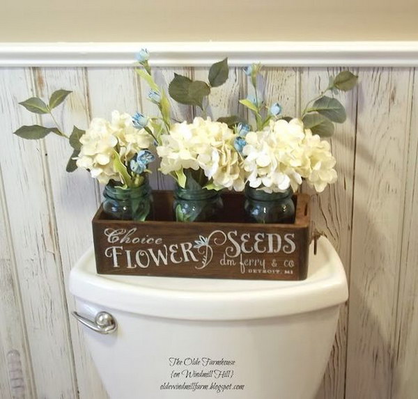 Rustic bathroom with sewing drawer. Twisted flower seed sign. 