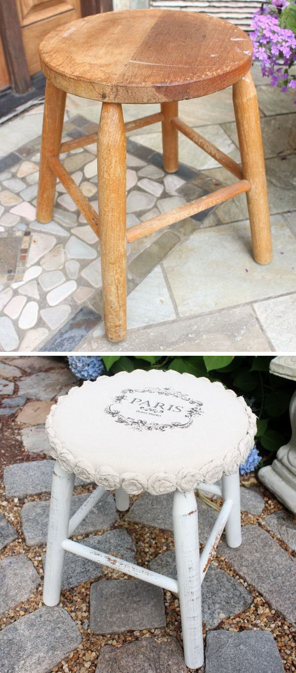 Drop fabric rosette stool makeover 