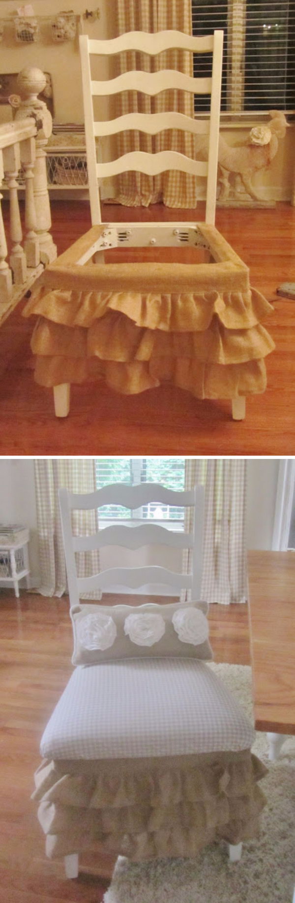 Ruffled burlap chair skirt made from ruffles. 