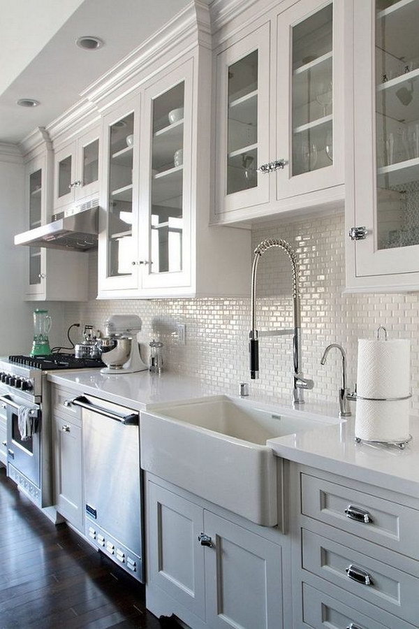 All-white kitchen with mini subway tile backsplash 
