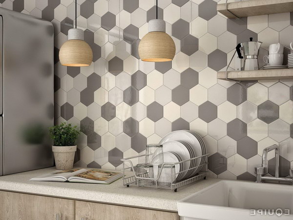 Modern multi-colored hexagonal tile backsplash 