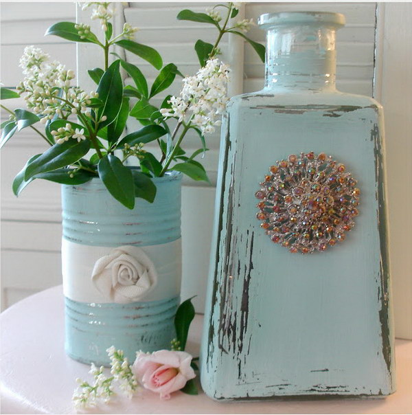 Repurposed glass bottle and tin 