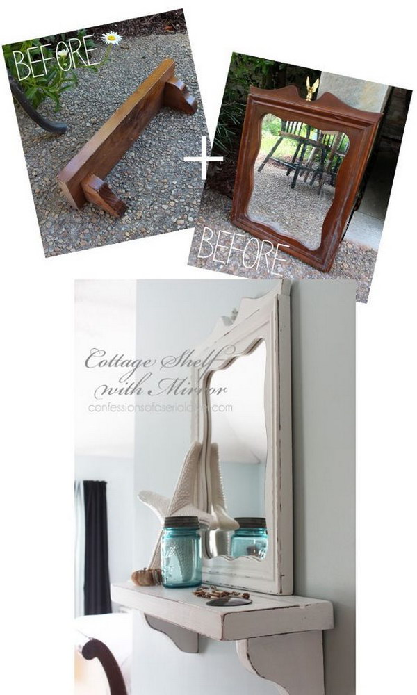 Cottage-inspired shelf with mirror from Thrifty Finds. 