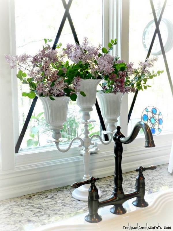 DIY candelabra flower planter with upcycled ceiling fan shades 
