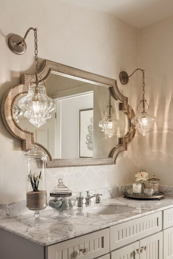 Horizontal bathroom mirror with two beautiful pendant lights. 