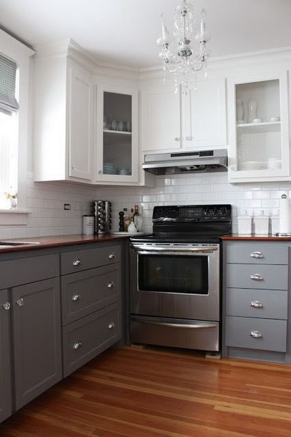 Cream and gray kitchen cabinets. 