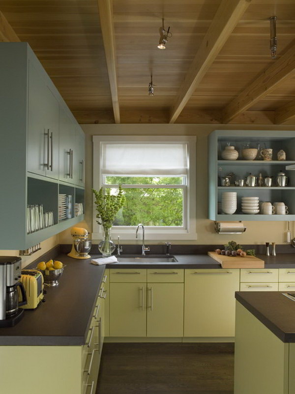 Pale Bule and green lacquered kitchen cabinets. 