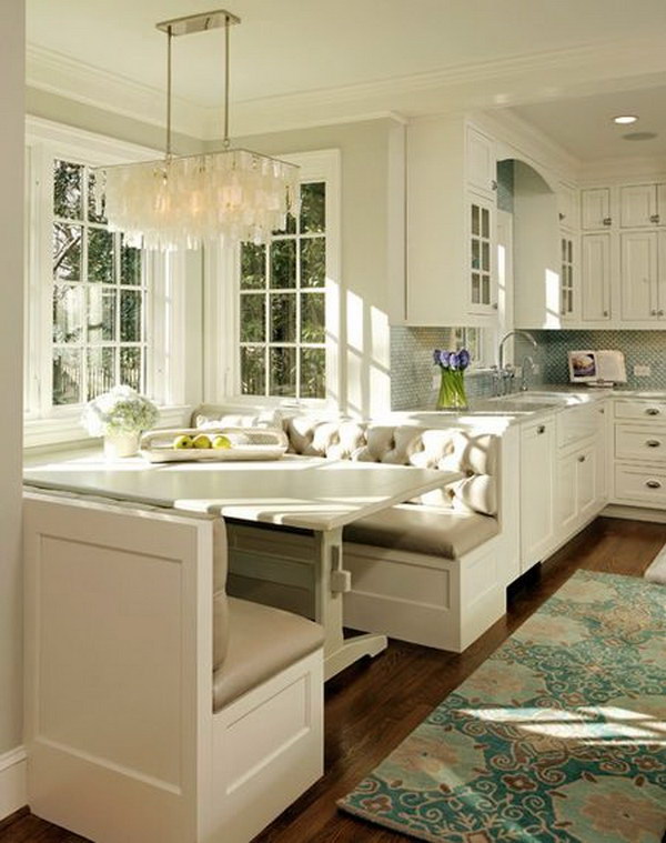 Traditional beige and white breakfast nook. 