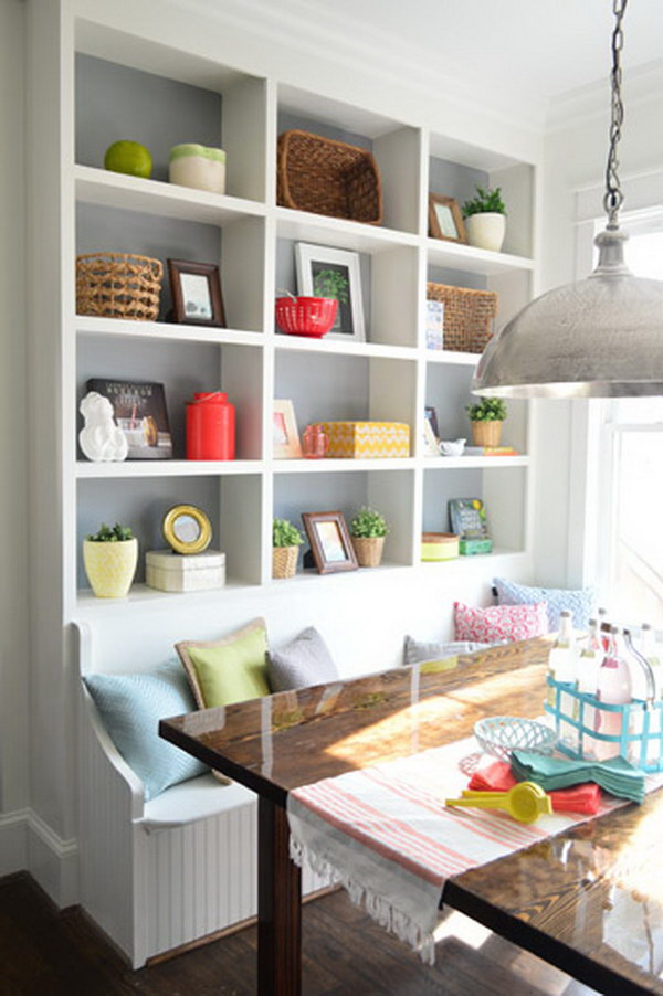Customized breakfast corner with built-in wall storage. 