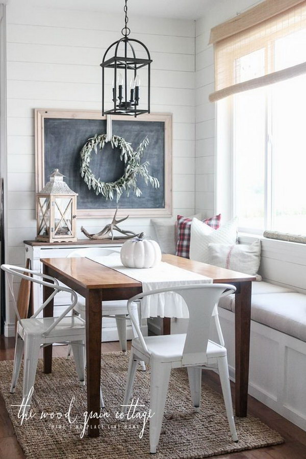 Fresh and simple autumn breakfast nook with a blackboard. 