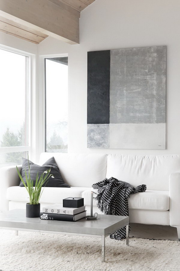     White living room design ideas in shades of gray. 