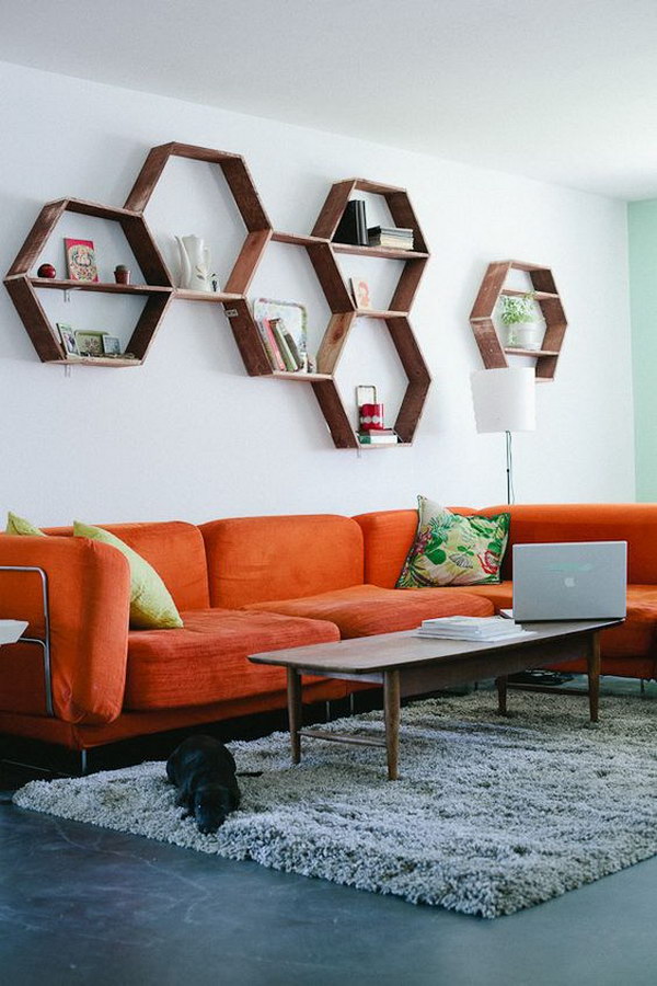 White painting living room with honeycomb shelves. 