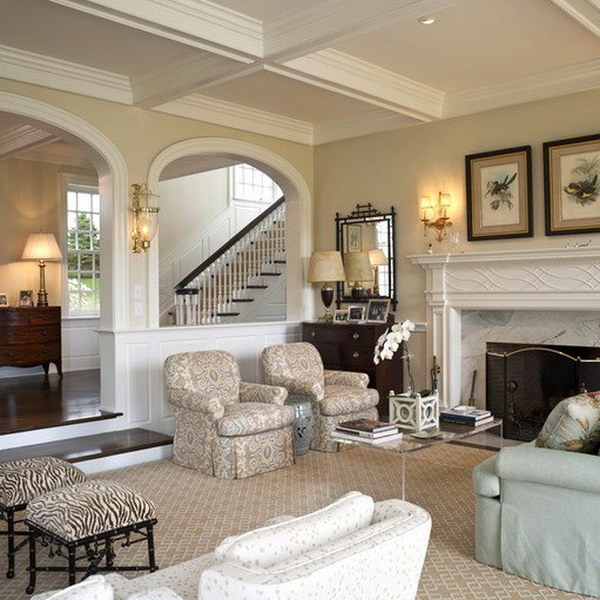 Formal open concept living room in Philadelphia with beige walls. 