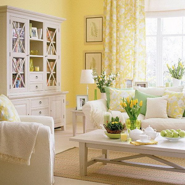 Bright sunny living room with yellow walls. 