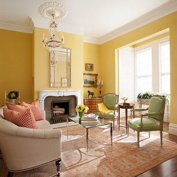 Bright living room with yellow painted wall. 