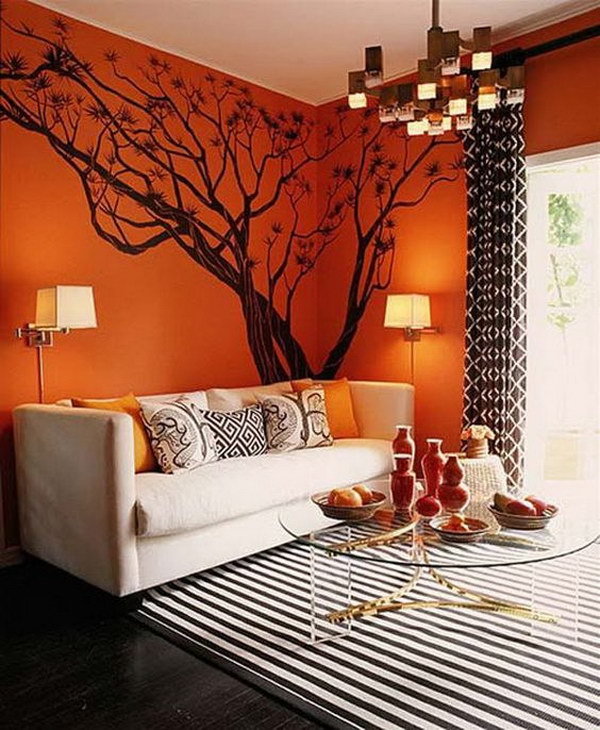 Striking orange painted living room. 