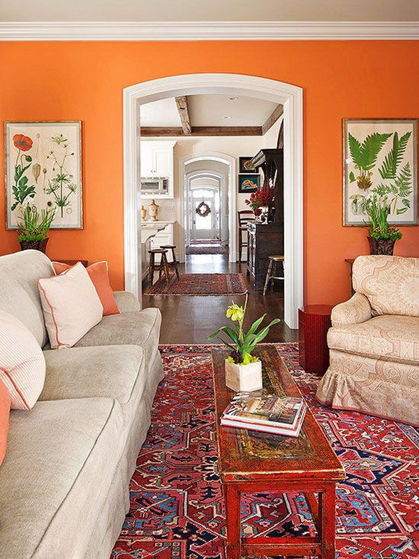 Bold orange wall painting with a white border. 