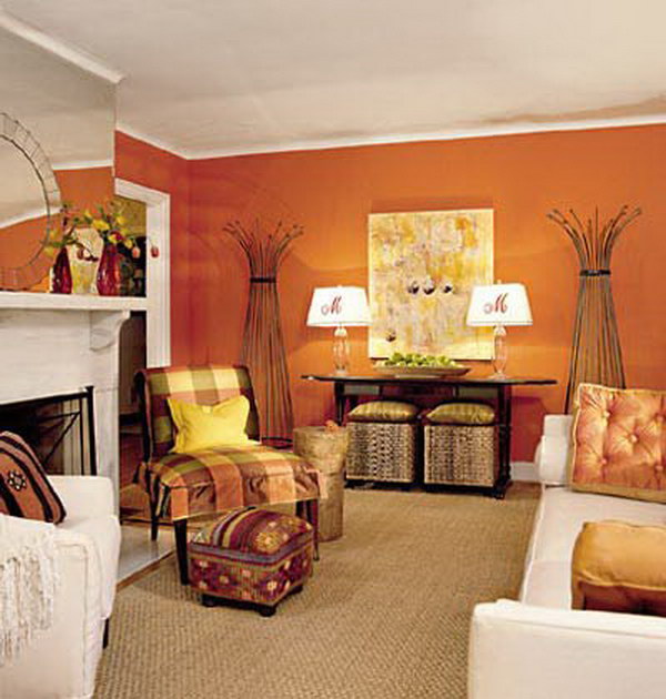 Tangerine orange living room with white furniture. 