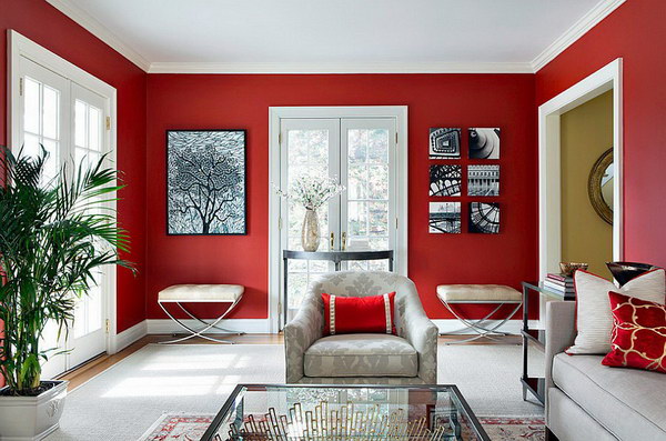 Contemporary living room with a red look. 
