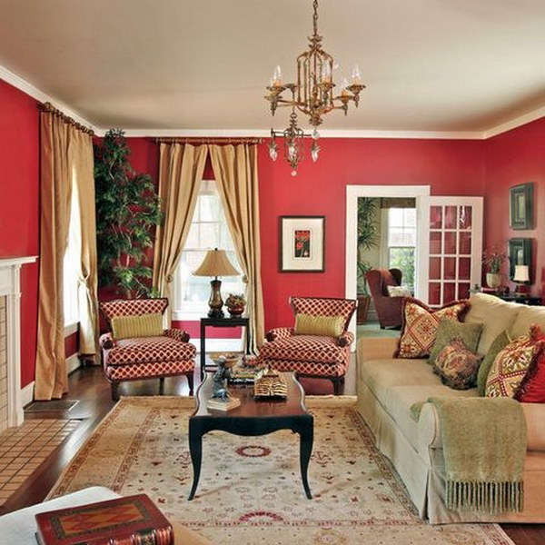 Burnt peanut-red living room. 