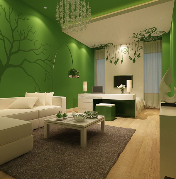 Grass green and cream white living room painting. 