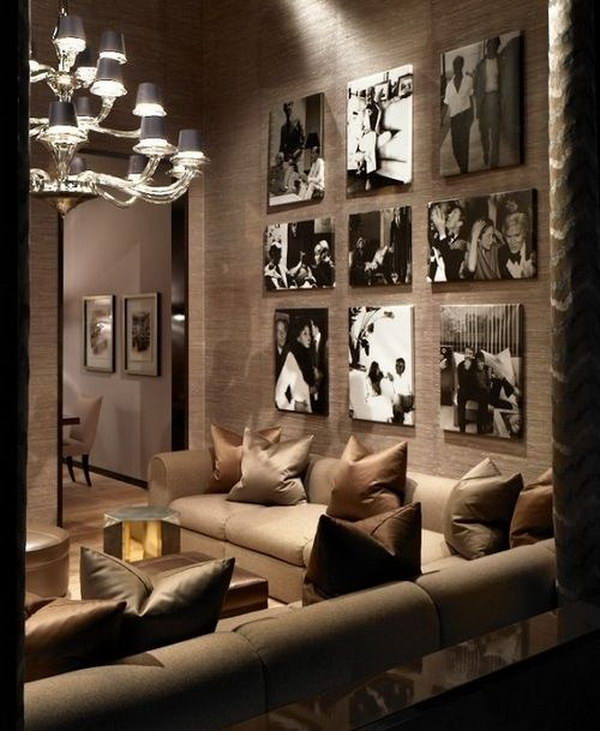 Brown living room with artistic personalities. 