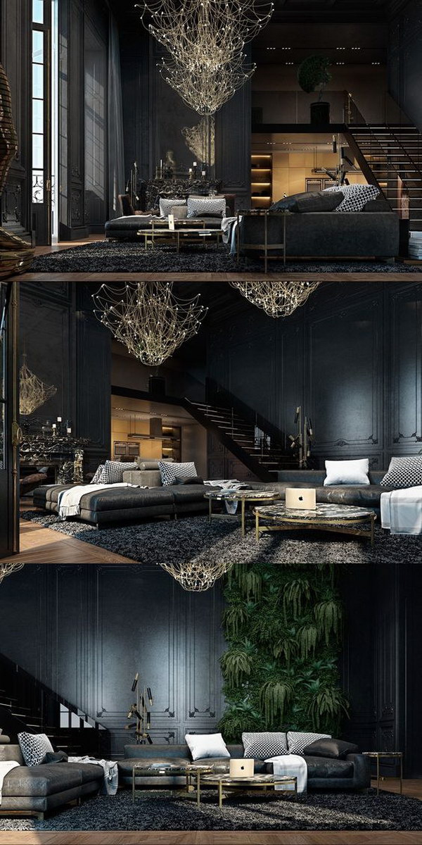 Mysterious and luxurious black living room. 