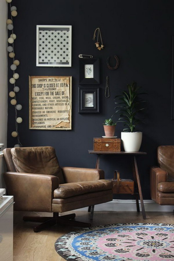 Black living room vintage furniture and details. 