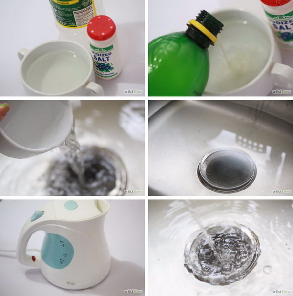 Plug a drain with salt, vinegar, and boiling water. 