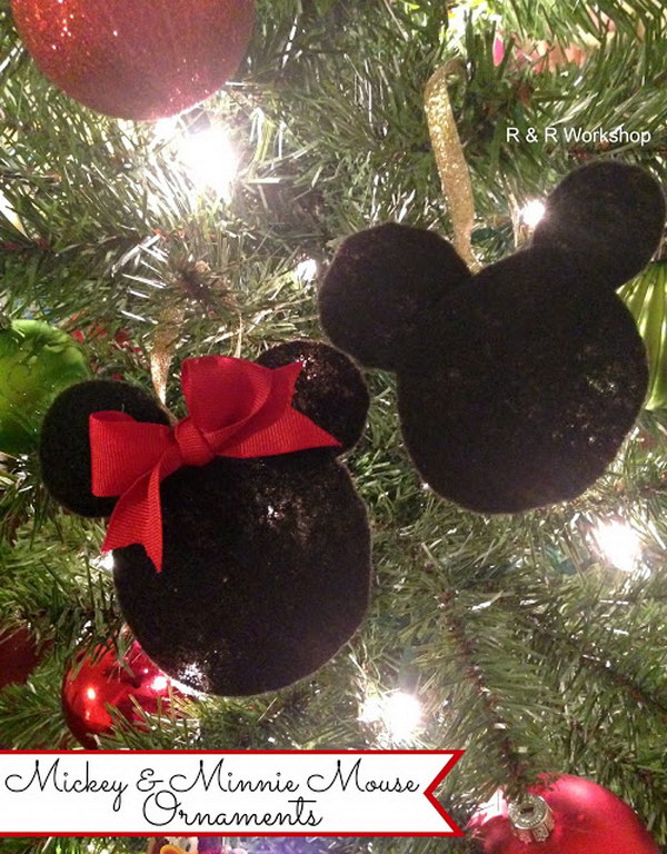 DIY Mickey and Minnie Mouse ornaments. 