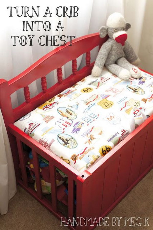 Turn an old crib into a new toy bench 