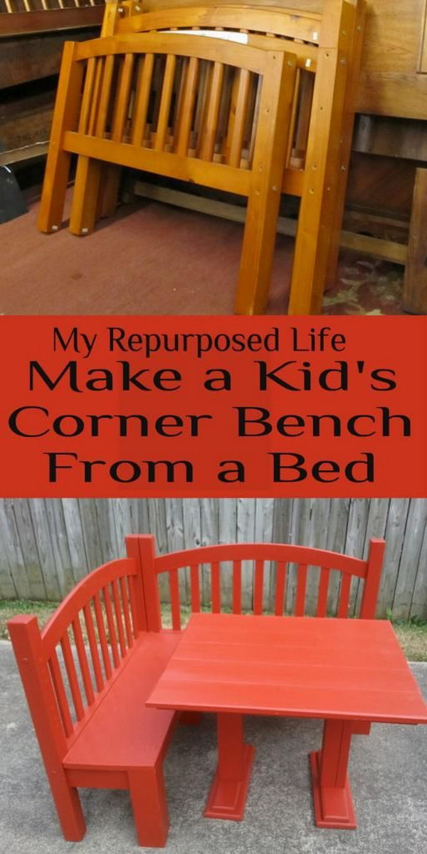 Make a children's corner bench and a game table from an old bed 