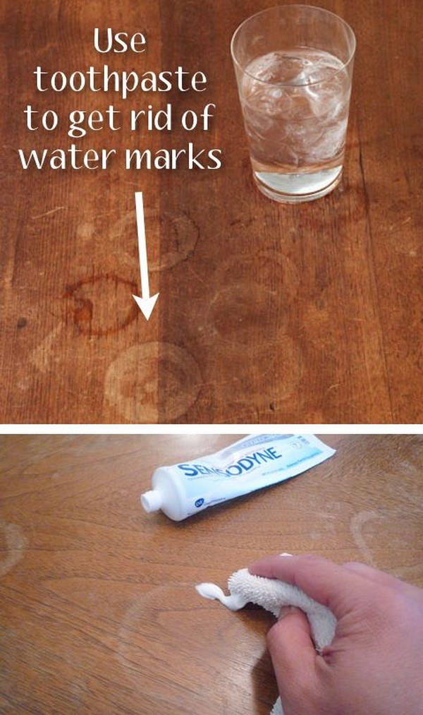 How to remove water stain circles from wooden furniture. White toothpaste works well to remove the water stains on wooden furniture.