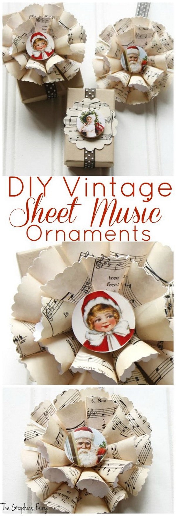 DIY vintage sheet music Christmas decorations. 