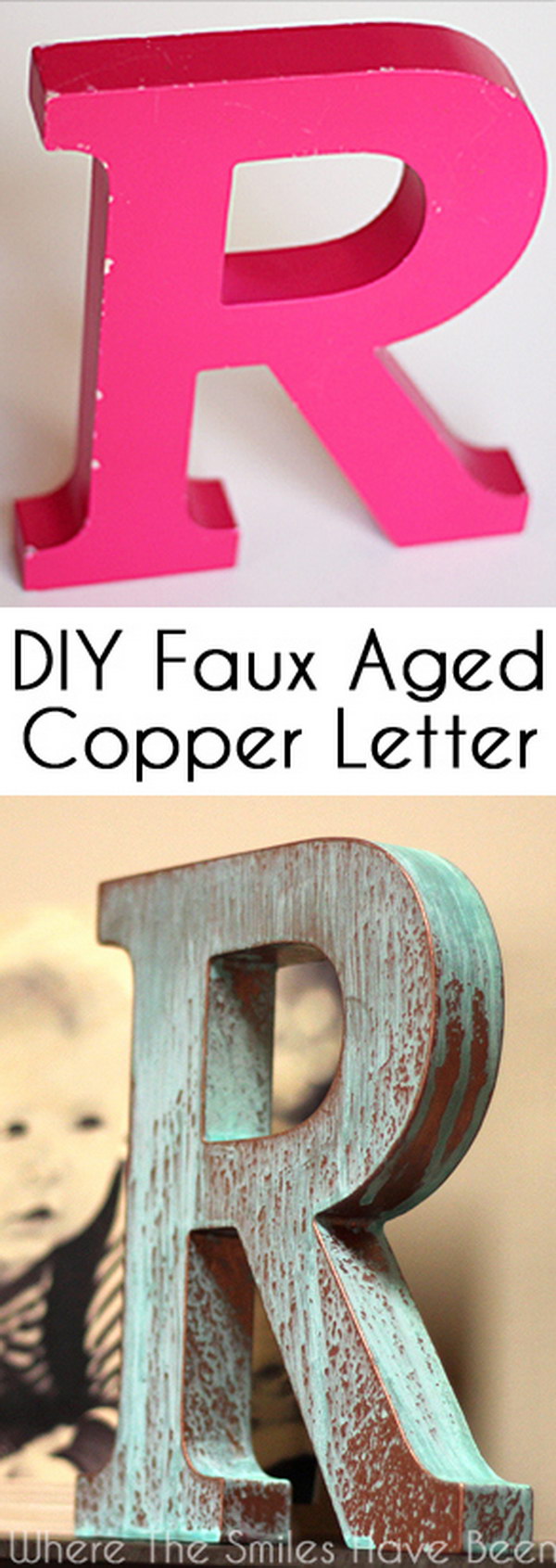DIY aged faux copper letter with blue patina 