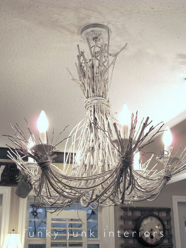 DIY Shabby Chic White Twig chandelier. 